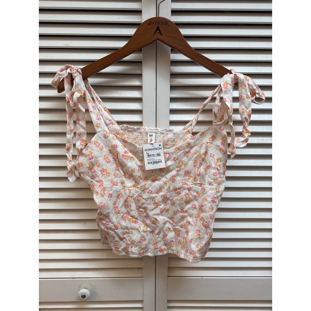 BP. Nordstrom Floral Tie Shoulder Smocked Crop Top White Orange BP489206MI Small